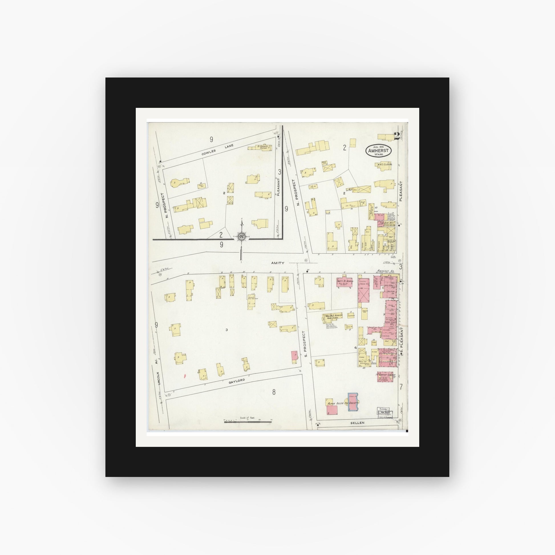 Old map wall art mockup — black gallery frame with white mat — Sanborn Fire Insurance Map from Amherst, Hampshire County, Massachusetts (1916), Sheet #0002