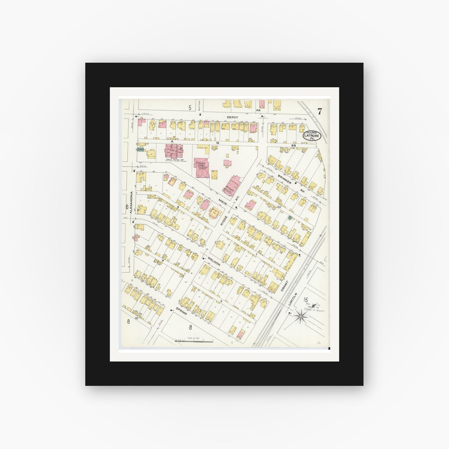 Old map wall art mockup — black gallery frame with white mat — Sanborn Fire Insurance Map from Latrobe, Westmoreland County, Pennsylvania (1909), Sheet #0007