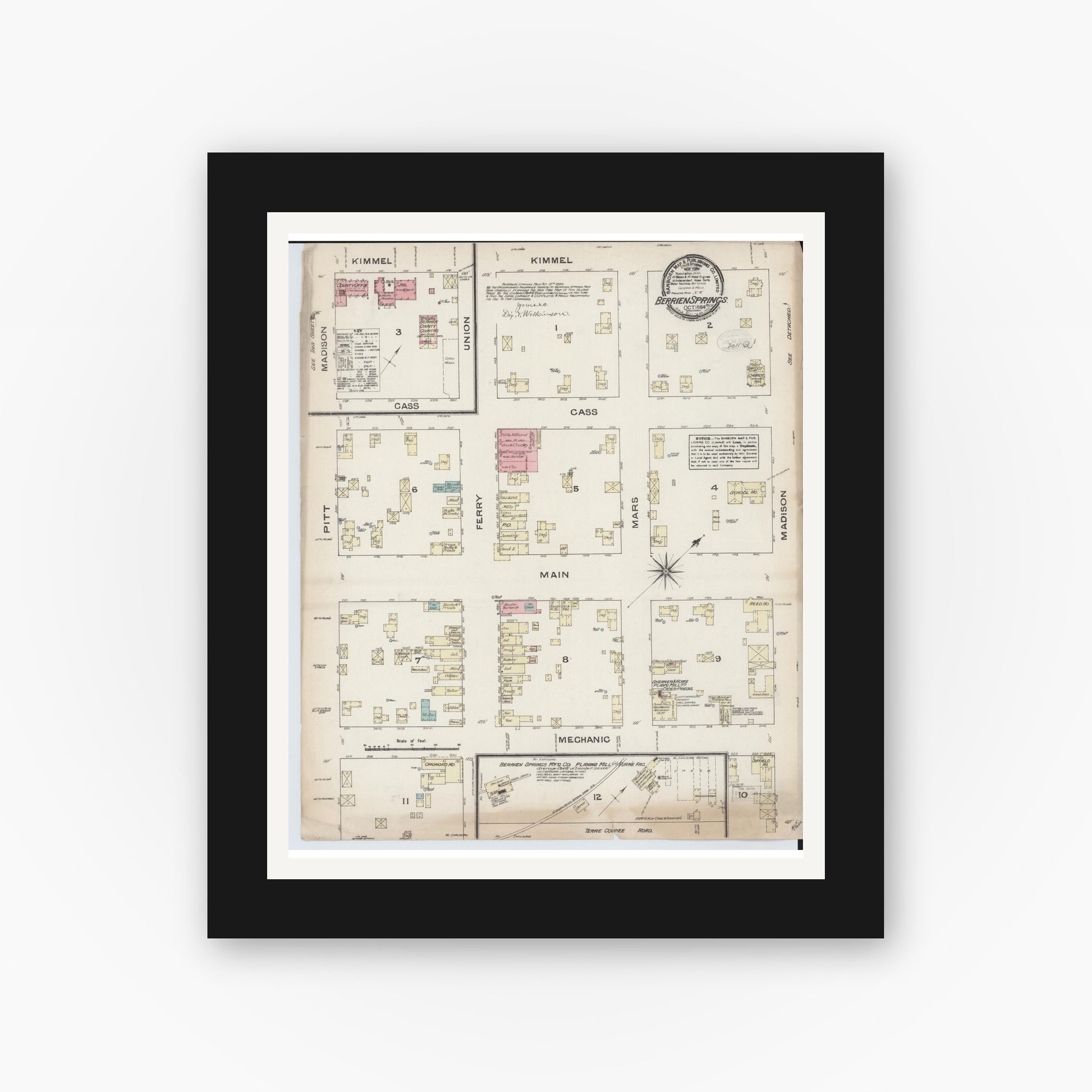 Old map wall art mockup — black gallery frame with white mat — Sanborn Fire Insurance Map from Berrien Springs, Berrien County, Michigan (1884), Sheet #0001