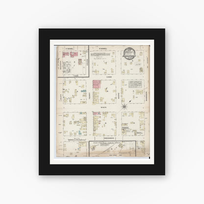 Old map wall art mockup — black gallery frame with white mat — Sanborn Fire Insurance Map from Berrien Springs, Berrien County, Michigan (1884), Sheet #0001