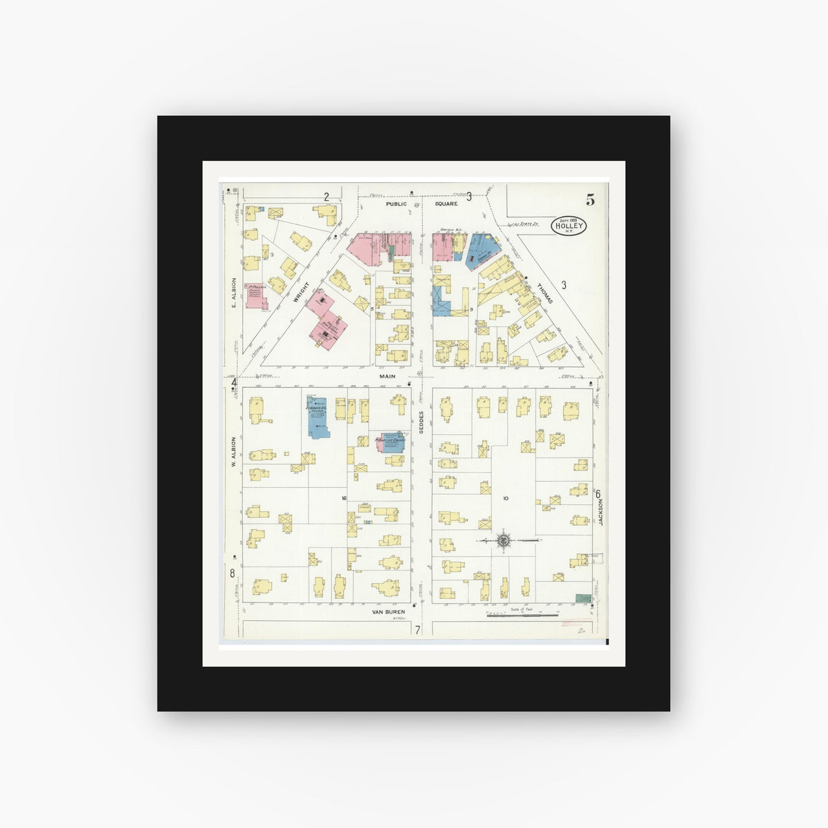 Old map wall art mockup — black gallery frame with white mat — Sanborn Fire Insurance Map from Holley, Orleans County, New York (1909), Sheet #0005