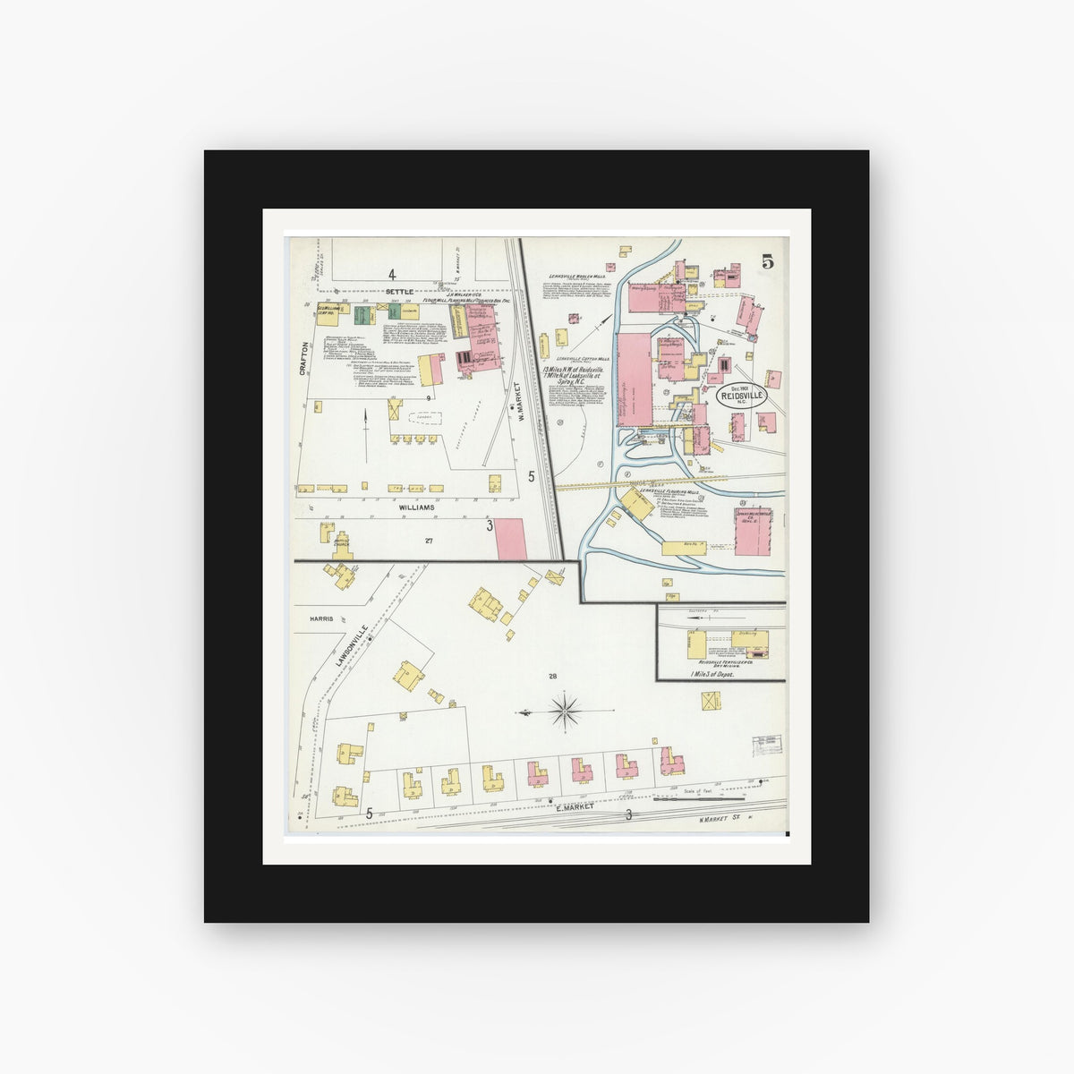 Old map wall art mockup — black gallery frame with white mat — Sanborn Fire Insurance Map from Reidsville, Rockingham County, North Carolina (1901), Sheet #0005