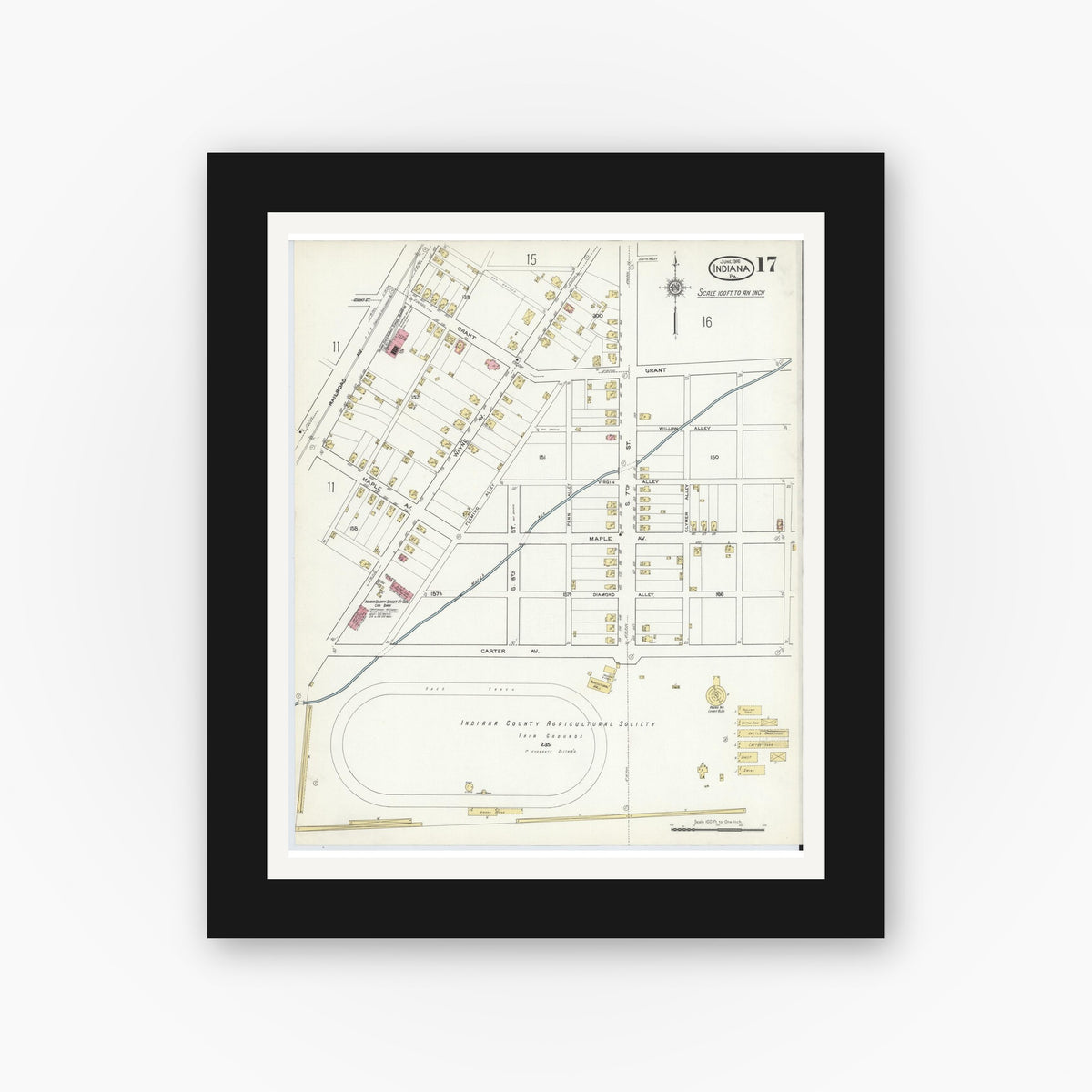 Old map wall art mockup — black gallery frame with white mat — Sanborn Fire Insurance Map from Indiana, Indiana County, Pennsylvania (1916), Sheet #0017