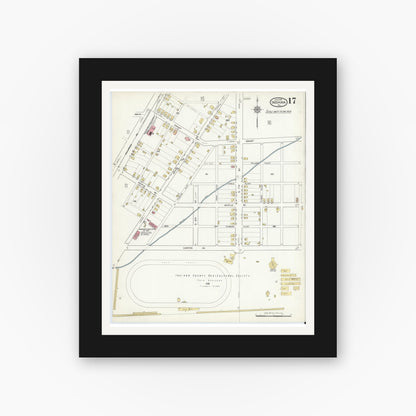 Old map wall art mockup — black gallery frame with white mat — Sanborn Fire Insurance Map from Indiana, Indiana County, Pennsylvania (1916), Sheet #0017