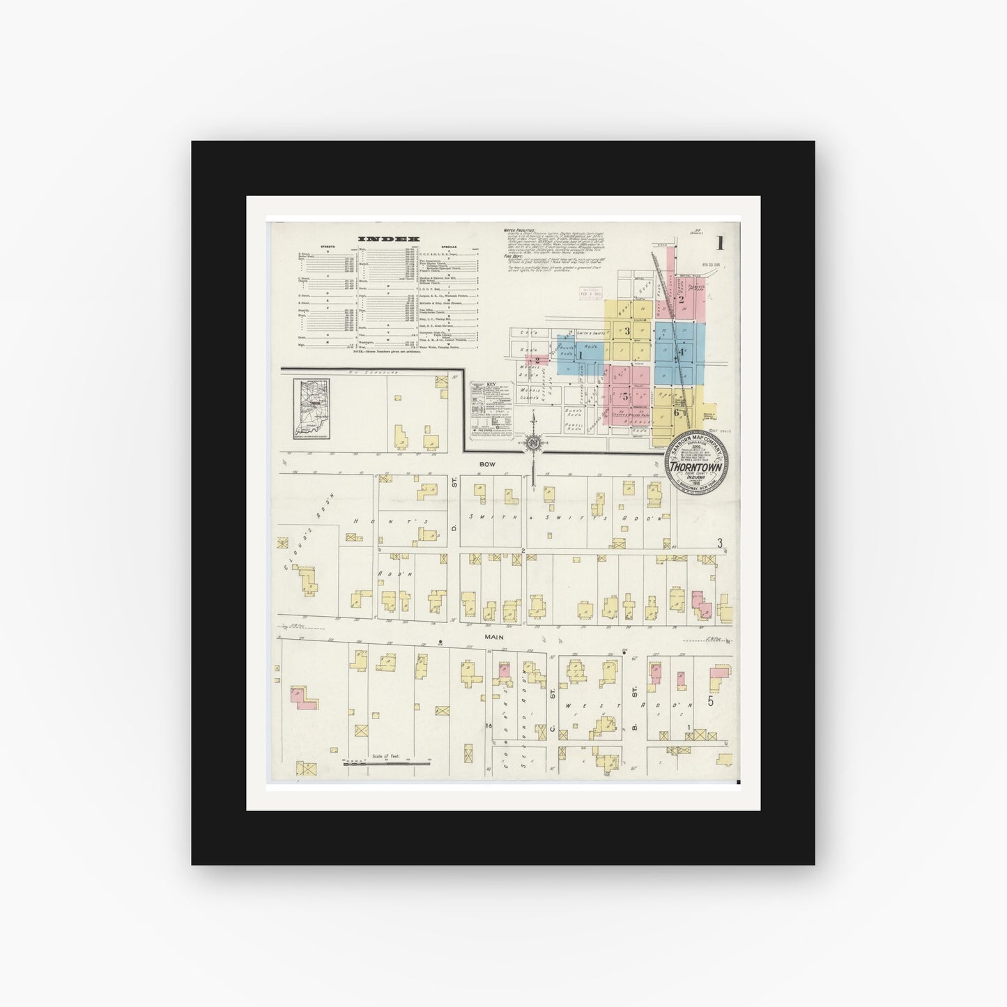 Old map wall art mockup — black gallery frame with white mat — Sanborn Fire Insurance Map from Thorntown, Boone County, Indiana (1915) - Complete Map Set