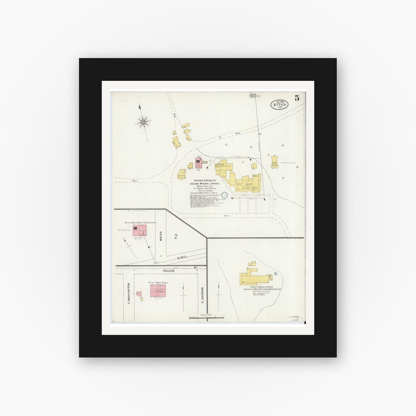 Old map wall art mockup — black gallery frame with white mat — Sanborn Fire Insurance Map from Attica, Fountain County, Indiana (1899), Sheet #0005