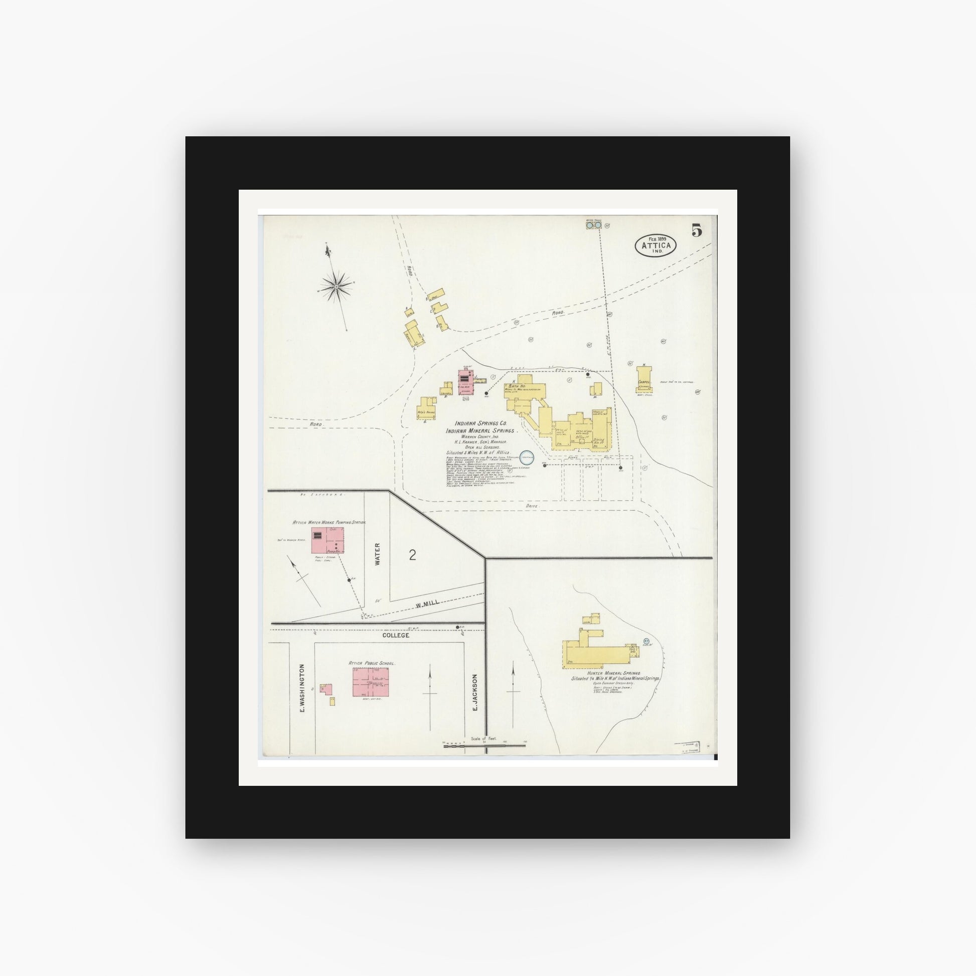 Old map wall art mockup — black gallery frame with white mat — Sanborn Fire Insurance Map from Attica, Fountain County, Indiana (1899), Sheet #0005