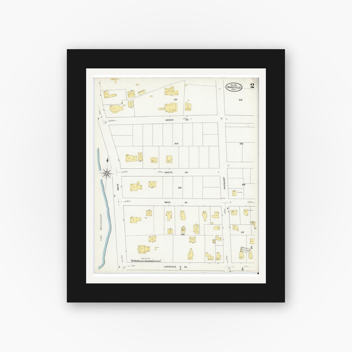 Old map wall art mockup — black gallery frame with white mat — Sanborn Fire Insurance Map from Wakefield, Middlesex County, Massachusetts (1909), Sheet #0002
