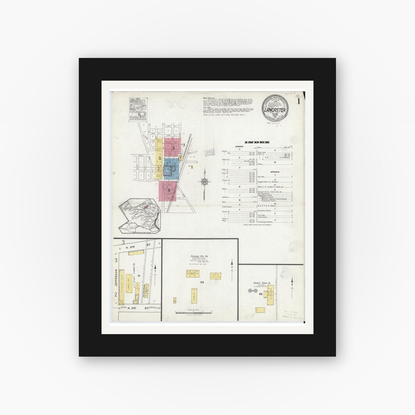 Old map wall art mockup — black gallery frame with white mat — Sanborn Fire Insurance Map from Lancaster, Dallas County, Texas (1921), Sheet #0001