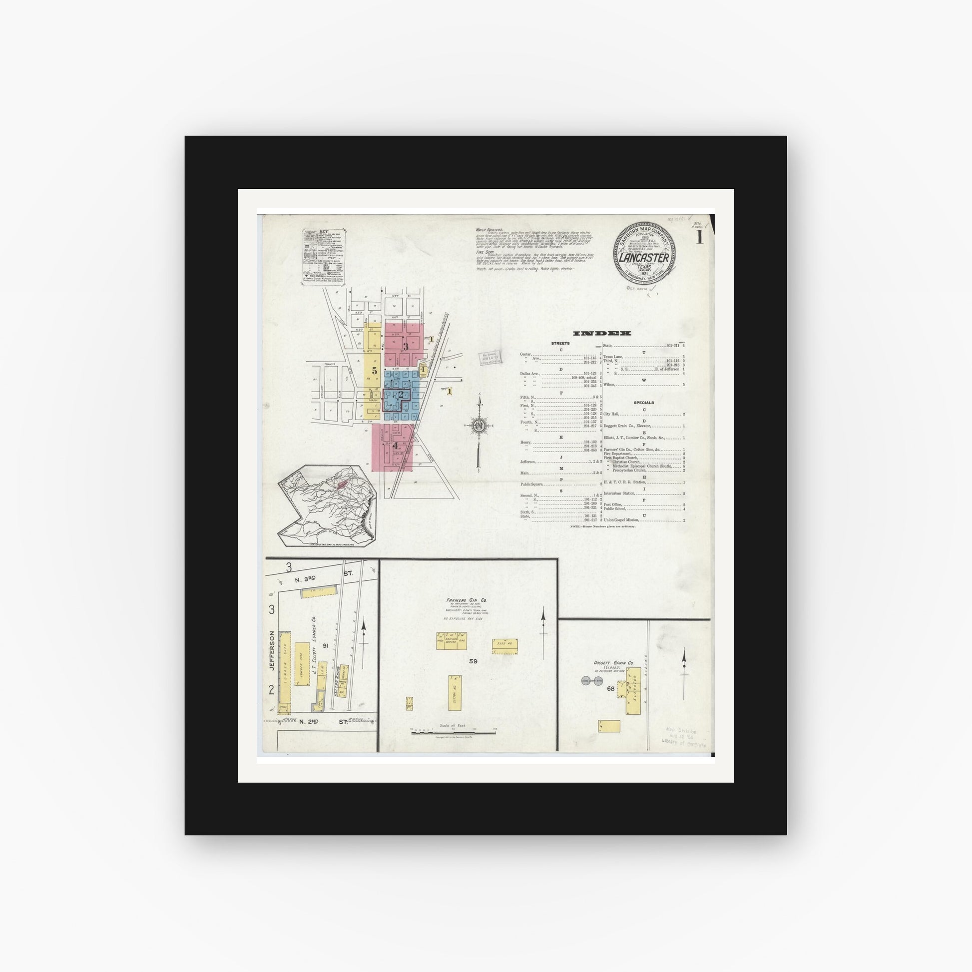Old map wall art mockup — black gallery frame with white mat — Sanborn Fire Insurance Map from Lancaster, Dallas County, Texas (1921), Sheet #0001