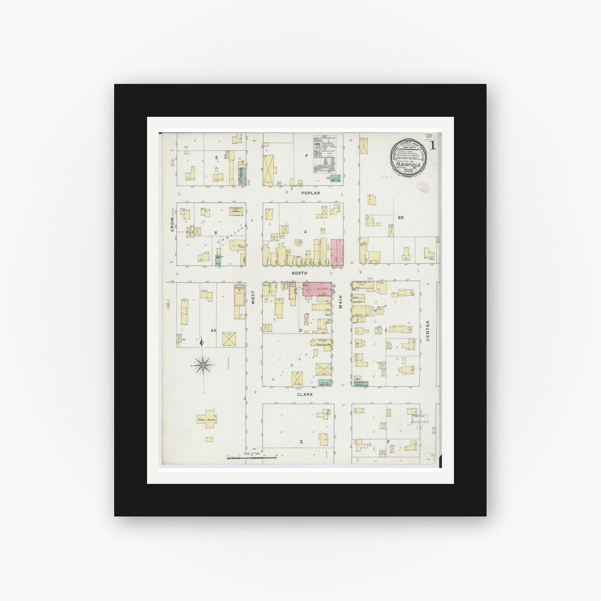 Old map wall art mockup — black gallery frame with white mat — Sanborn Fire Insurance Map from Plainfield, Waushara County, Wisconsin (1894) - Complete Map Set