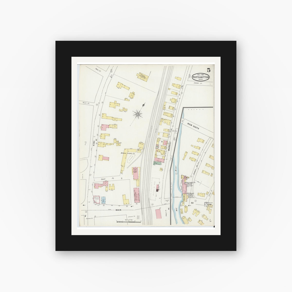 Old map wall art mockup — black gallery frame with white mat — Sanborn Fire Insurance Map from Northampton, Hampshire County, Massachusetts (1895), Sheet #0005