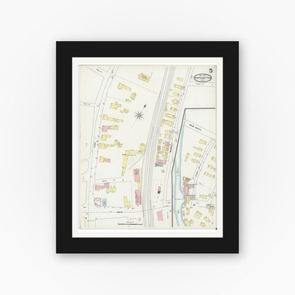 Old map wall art mockup — black gallery frame with white mat — Sanborn Fire Insurance Map from Northampton, Hampshire County, Massachusetts (1895), Sheet #0005