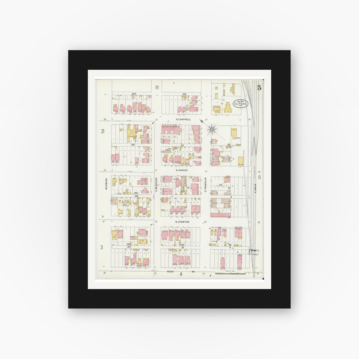 Old map wall art mockup — black gallery frame with white mat — Sanborn Fire Insurance Map from El Paso, El Paso County, Texas (1898), Sheet #0005