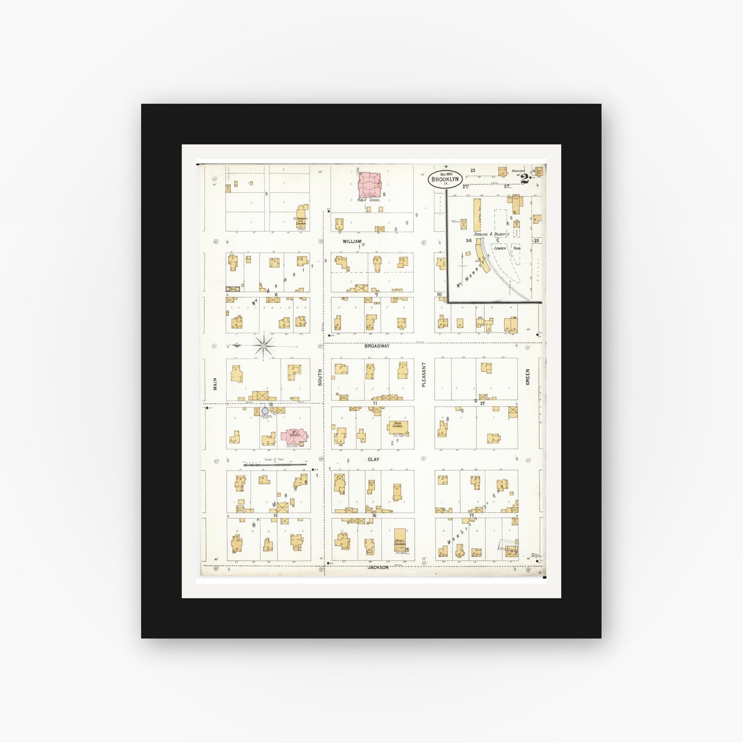 Old map wall art mockup — black gallery frame with white mat — Sanborn Fire Insurance Map from Brooklyn, Poweshiek County, Iowa (1899), Sheet #0002