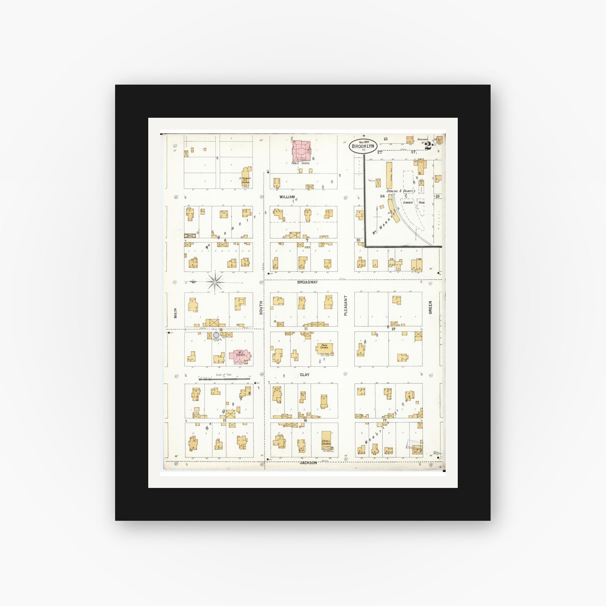 Old map wall art mockup — black gallery frame with white mat — Sanborn Fire Insurance Map from Brooklyn, Poweshiek County, Iowa (1899), Sheet #0002