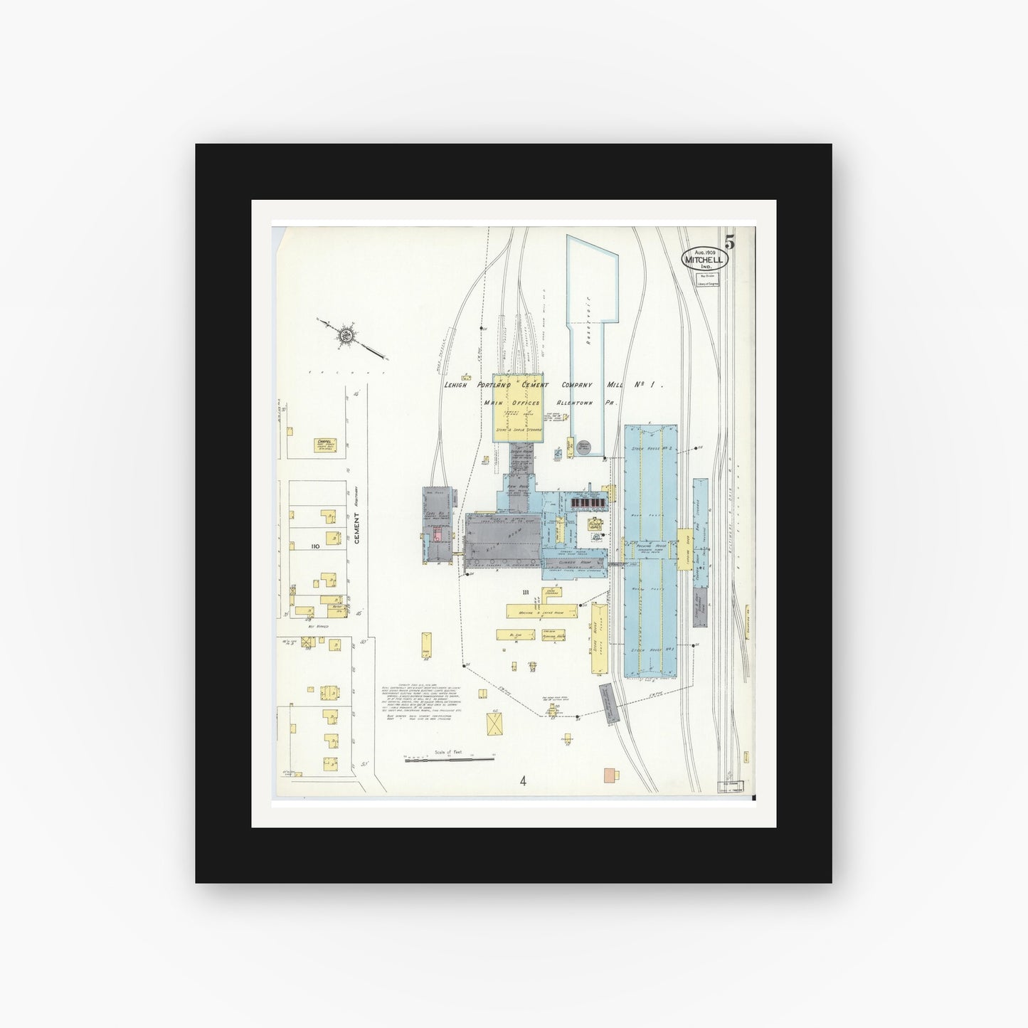 Old map wall art mockup — black gallery frame with white mat — Sanborn Fire Insurance Map from Mitchell, Lawrence County, Indiana (1909), Sheet #0005