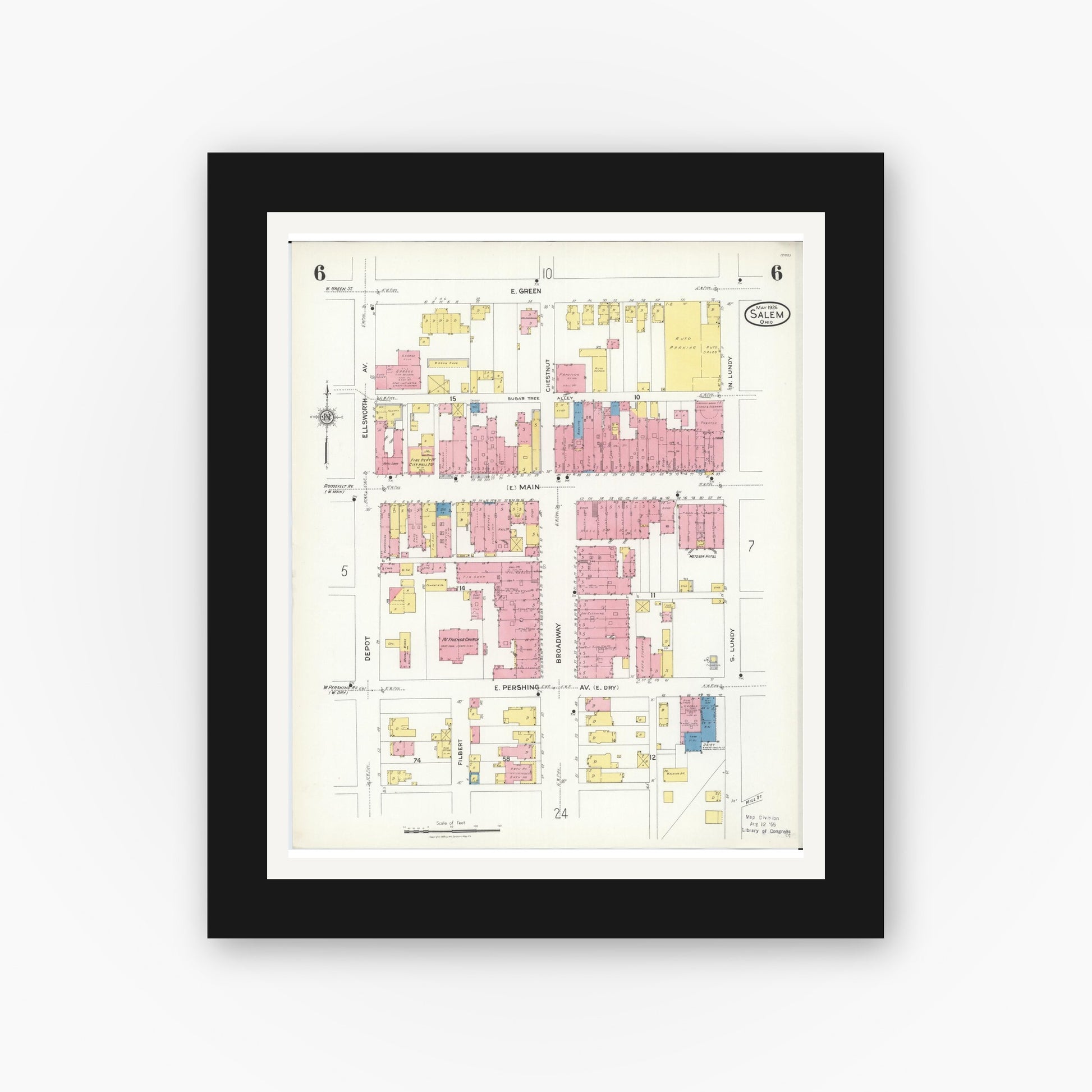 Old map wall art mockup — black gallery frame with white mat — Sanborn Fire Insurance Map from Salem, Columbiana County, Ohio (1926), Sheet #0006
