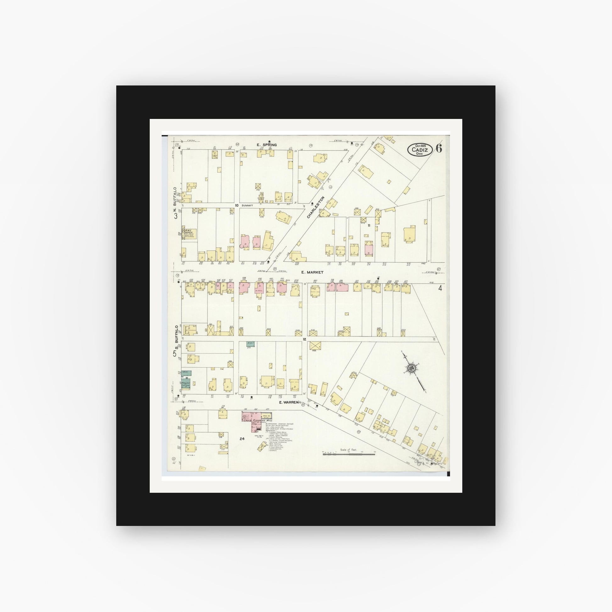 Old map wall art mockup — black gallery frame with white mat — Sanborn Fire Insurance Map from Cadiz, Harrison County, Ohio (1909), Sheet #0006
