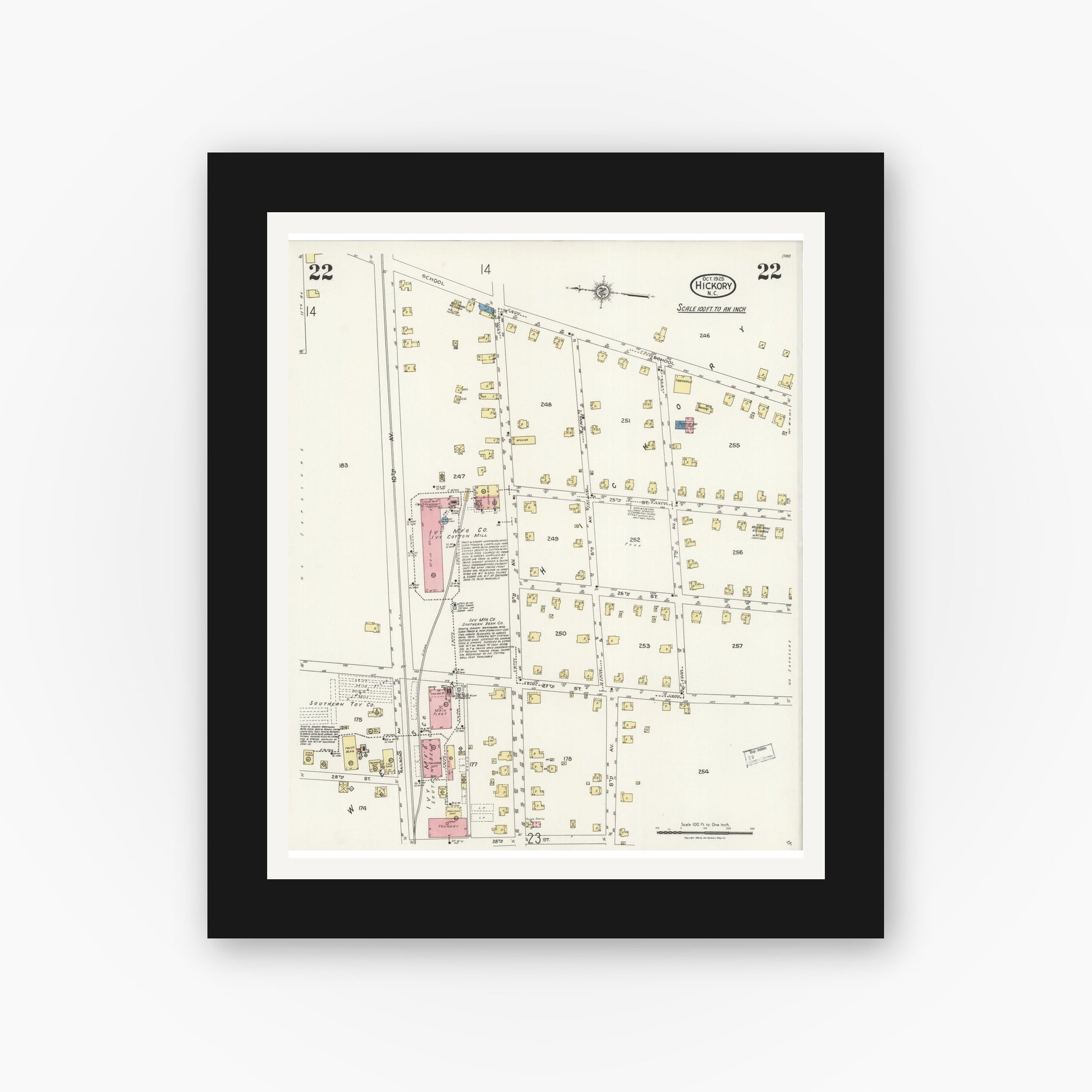 Old map wall art mockup — black gallery frame with white mat — Sanborn Fire Insurance Map from Hickory, Catawba County, North Carolina (1925), Sheet #0022