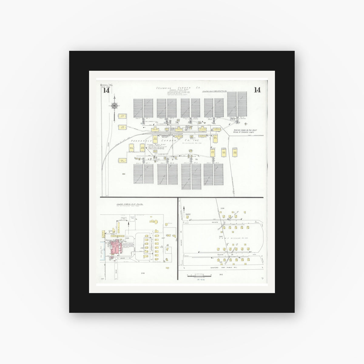 Old map wall art mockup — black gallery frame with white mat — Sanborn Fire Insurance Map from Borger, Hutchinson County, Texas (1940), Sheet #0014