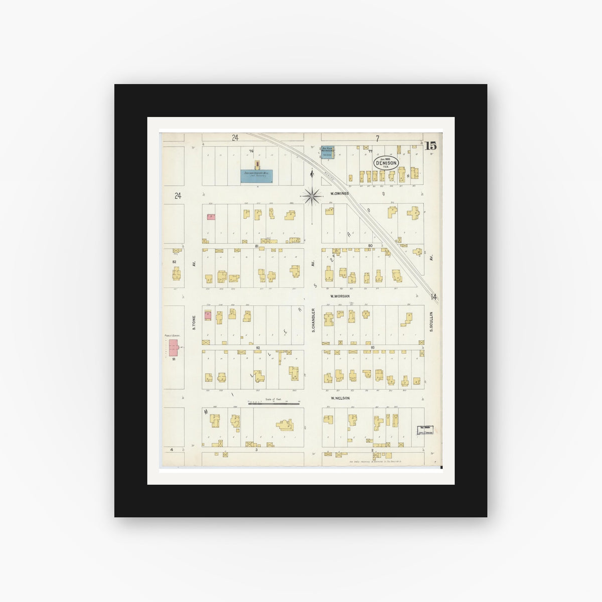 Old map wall art mockup — black gallery frame with white mat — Sanborn Fire Insurance Map from Denison, Grayson County, Texas (1903), Sheet #0015