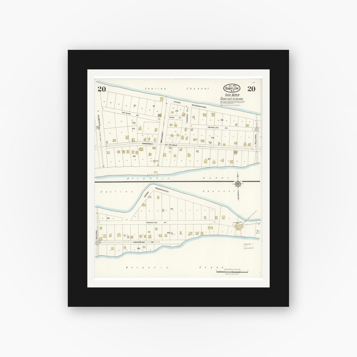 Old map wall art mockup — black gallery frame with white mat — Sanborn Fire Insurance Map from Babylon, Suffolk County, New York (1923), Sheet #0020