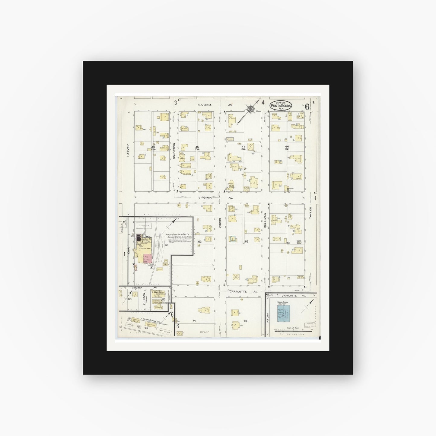 Old map wall art mockup — black gallery frame with white mat — Sanborn Fire Insurance Map from Punta Gorda, Charlotte County, Florida (1914), Sheet #0006