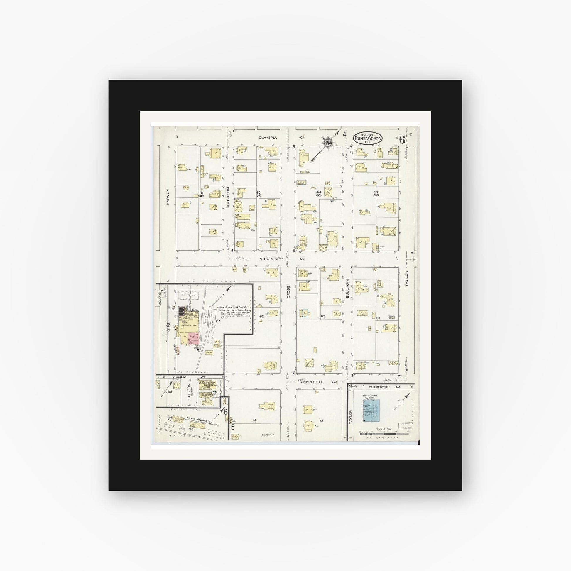 Old map wall art mockup — black gallery frame with white mat — Sanborn Fire Insurance Map from Punta Gorda, Charlotte County, Florida (1914), Sheet #0006