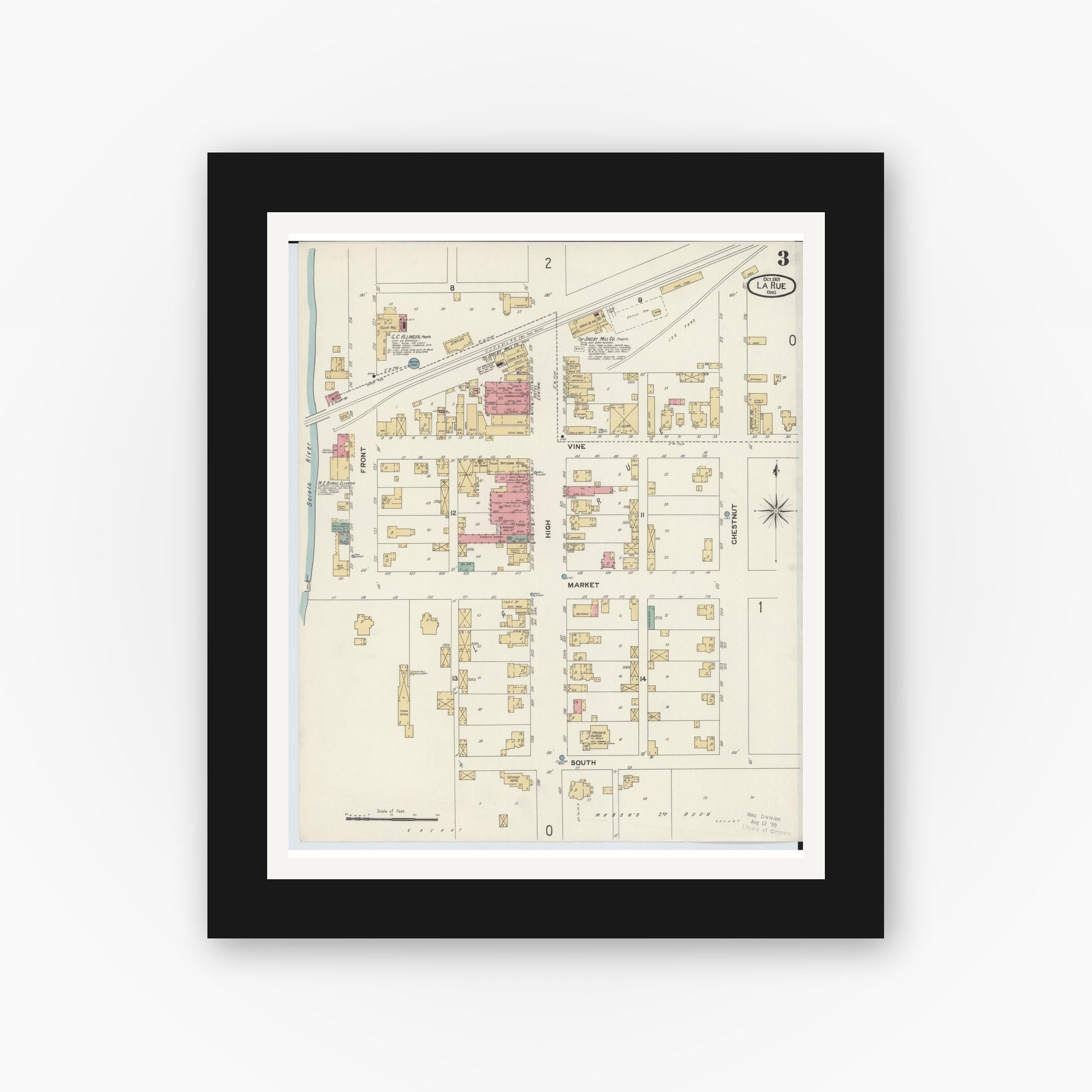 Old map wall art mockup — black gallery frame with white mat — Sanborn Fire Insurance Map from La Rue, Marion County, Ohio (1901), Sheet #0003
