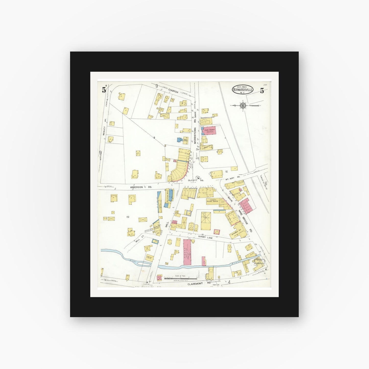 Old map wall art mockup — black gallery frame with white mat — Sanborn Fire Insurance Map from Bernardsville, Somerset County, New Jersey (1923), Sheet #0005