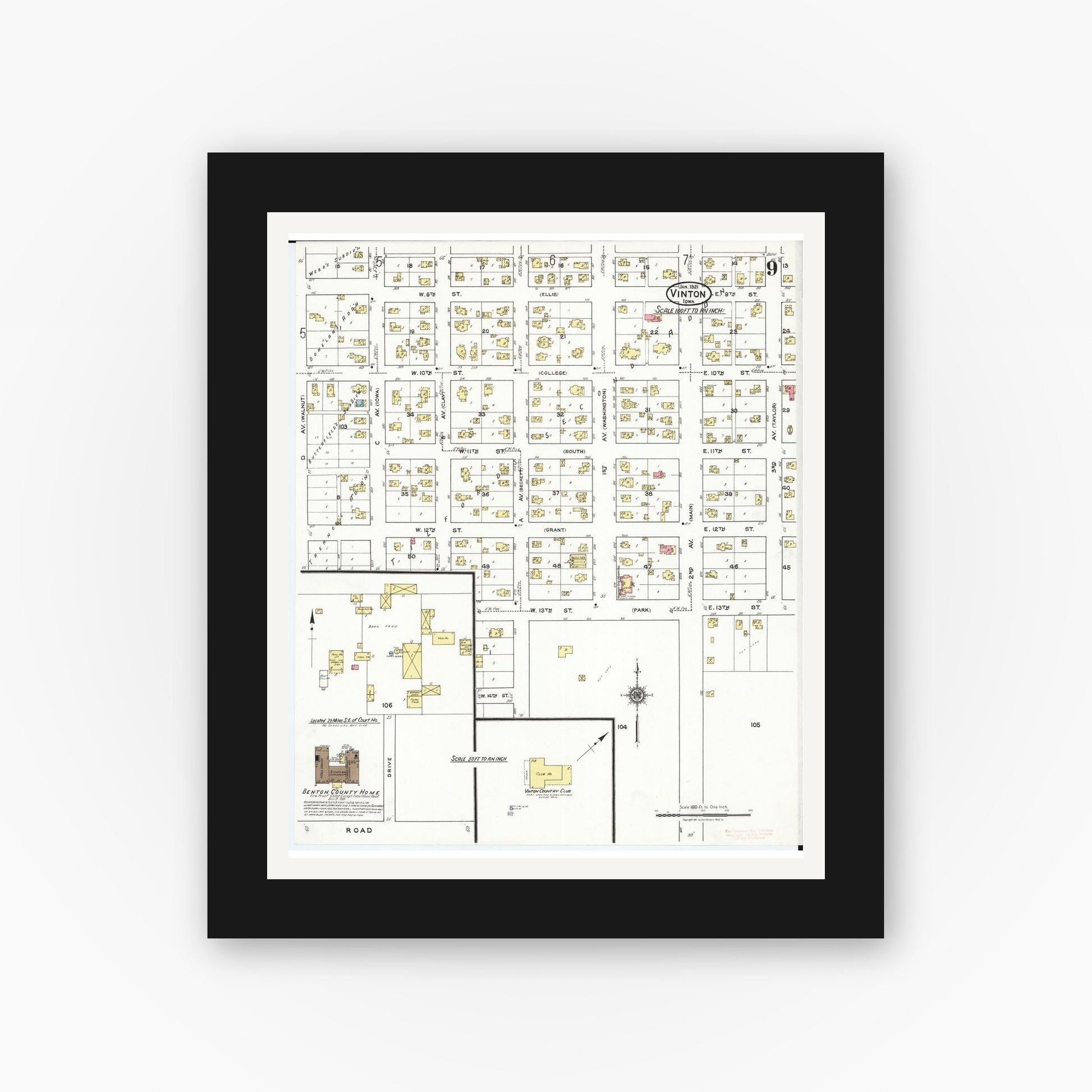 Old map wall art mockup — black gallery frame with white mat — Sanborn Fire Insurance Map from Vinton, Benton County, Iowa (1921), Sheet #0009