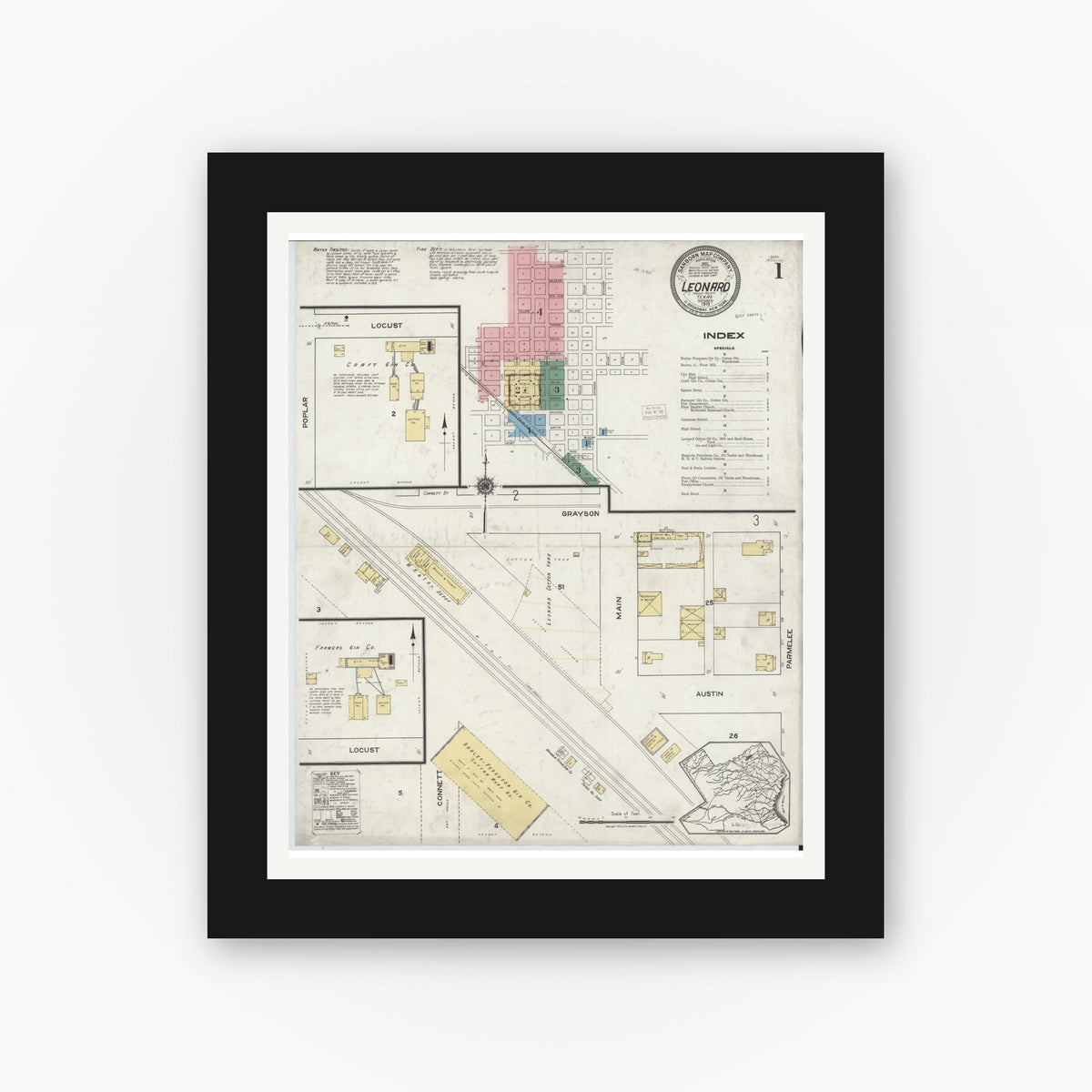 Old map wall art mockup — black gallery frame with white mat — Sanborn Fire Insurance Map from Leonard, Fannin County, Texas (1919) - Complete Map Set