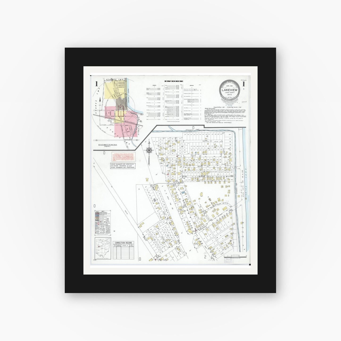 Old map wall art mockup — black gallery frame with white mat — Sanborn Fire Insurance Map from Lakeview, Logan County, Ohio (1951), Sheet #0001