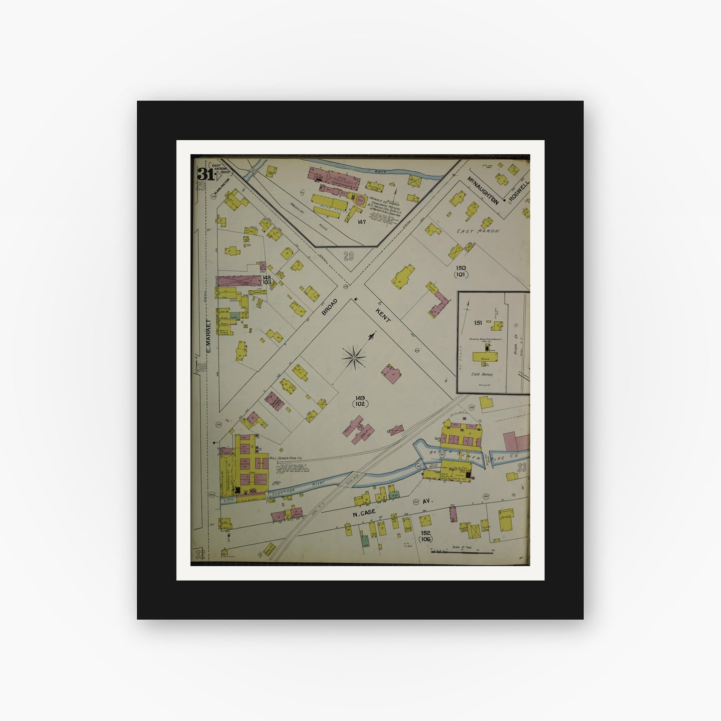 Old map wall art mockup — black gallery frame with white mat — Sanborn Fire Insurance Map from Akron, Summit County, Ohio (1892), Sheet #0031