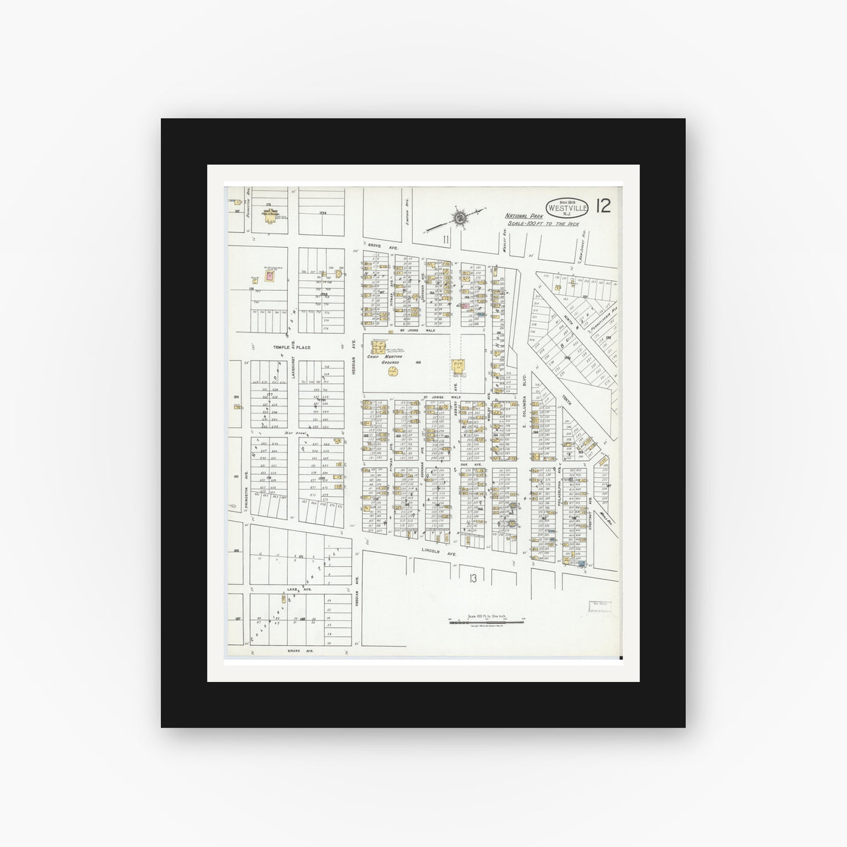 Old map wall art mockup — black gallery frame with white mat — Sanborn Fire Insurance Map from Westville, Gloucester County, New Jersey (1919), Sheet #0012