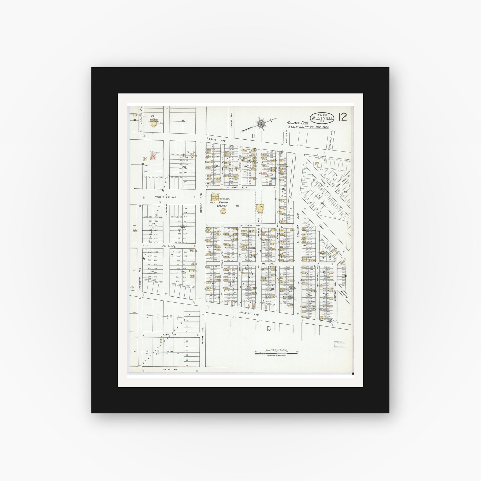 Old map wall art mockup — black gallery frame with white mat — Sanborn Fire Insurance Map from Westville, Gloucester County, New Jersey (1919), Sheet #0012