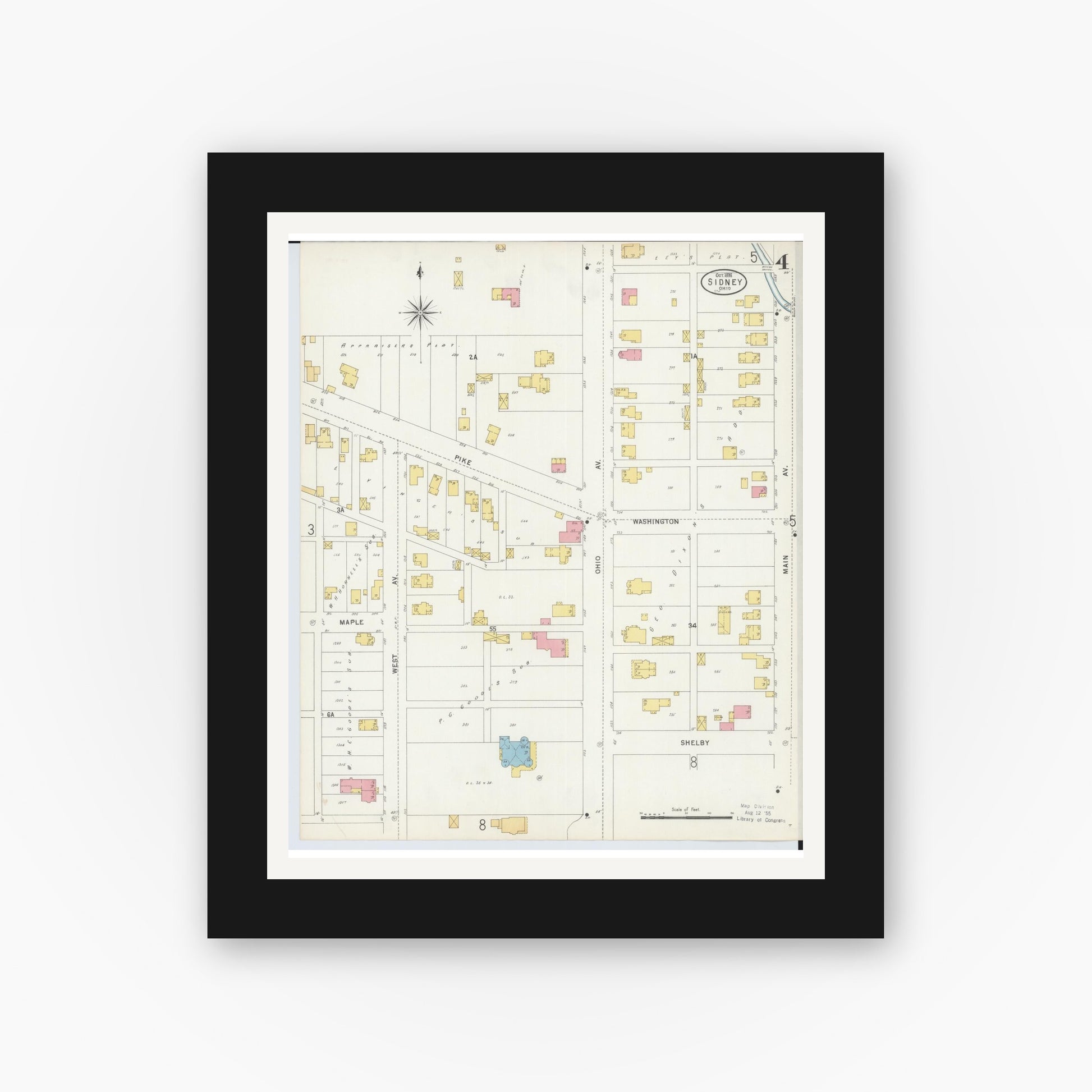 Old map wall art mockup — black gallery frame with white mat — Sanborn Fire Insurance Map from Sidney, Shelby County, Ohio (1898), Sheet #0004