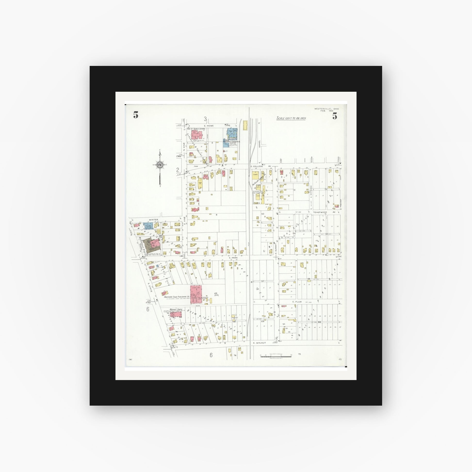 Old map wall art mockup — black gallery frame with white mat — Sanborn Fire Insurance Map from Westerville, Franklin County, Ohio (1933), Sheet #0005