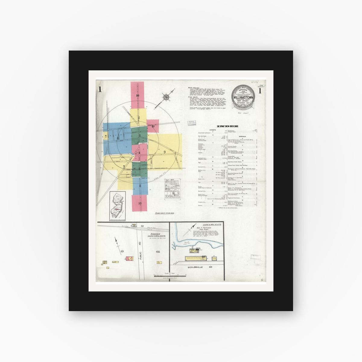Old map wall art mockup — black gallery frame with white mat — Sanborn Fire Insurance Map from Williamstown, Gloucester County, New Jersey (1923) - Complete Map Set