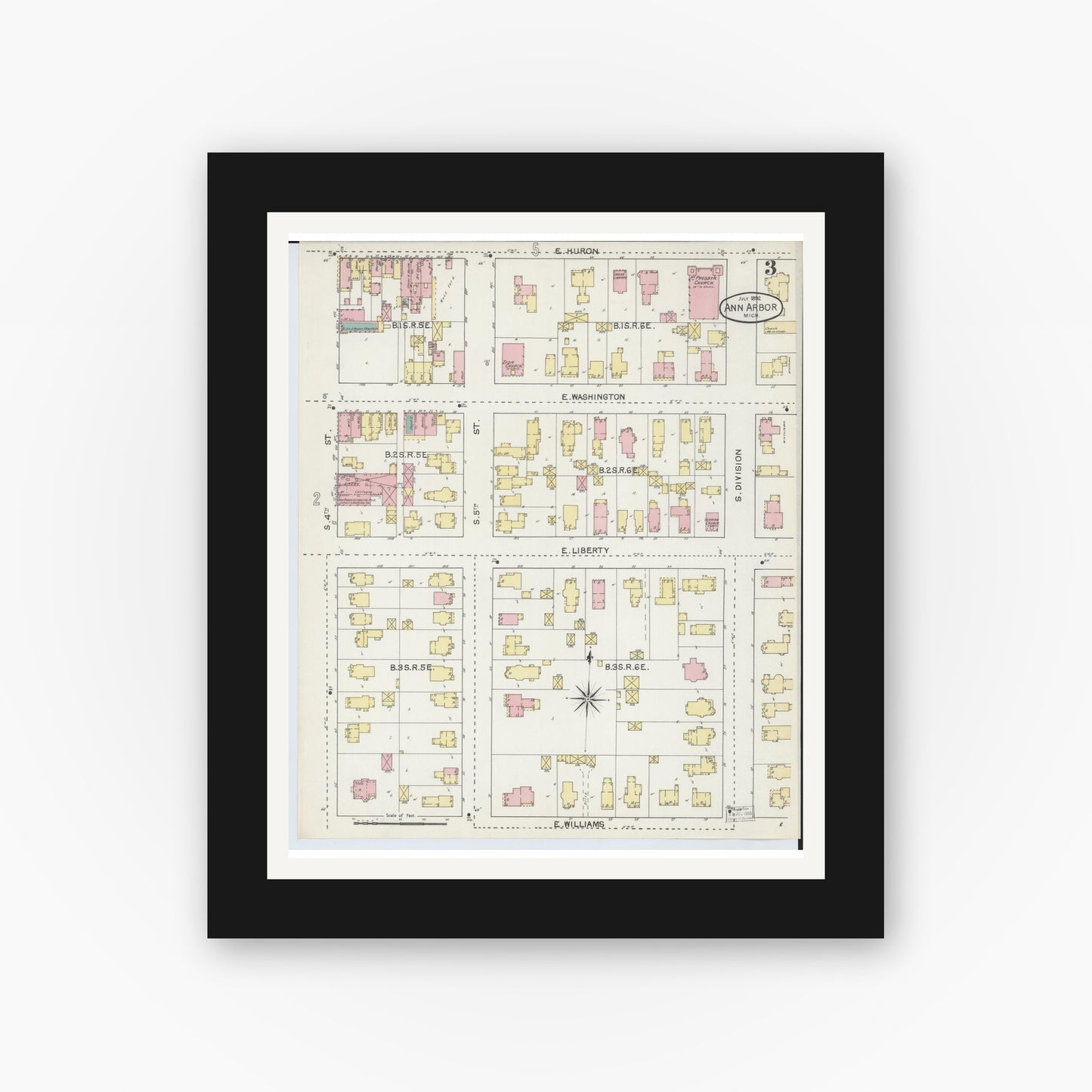 Old map wall art mockup — black gallery frame with white mat — Sanborn Fire Insurance Map from Ann Arbor, Washtenaw County, Michigan (1892), Sheet #0003