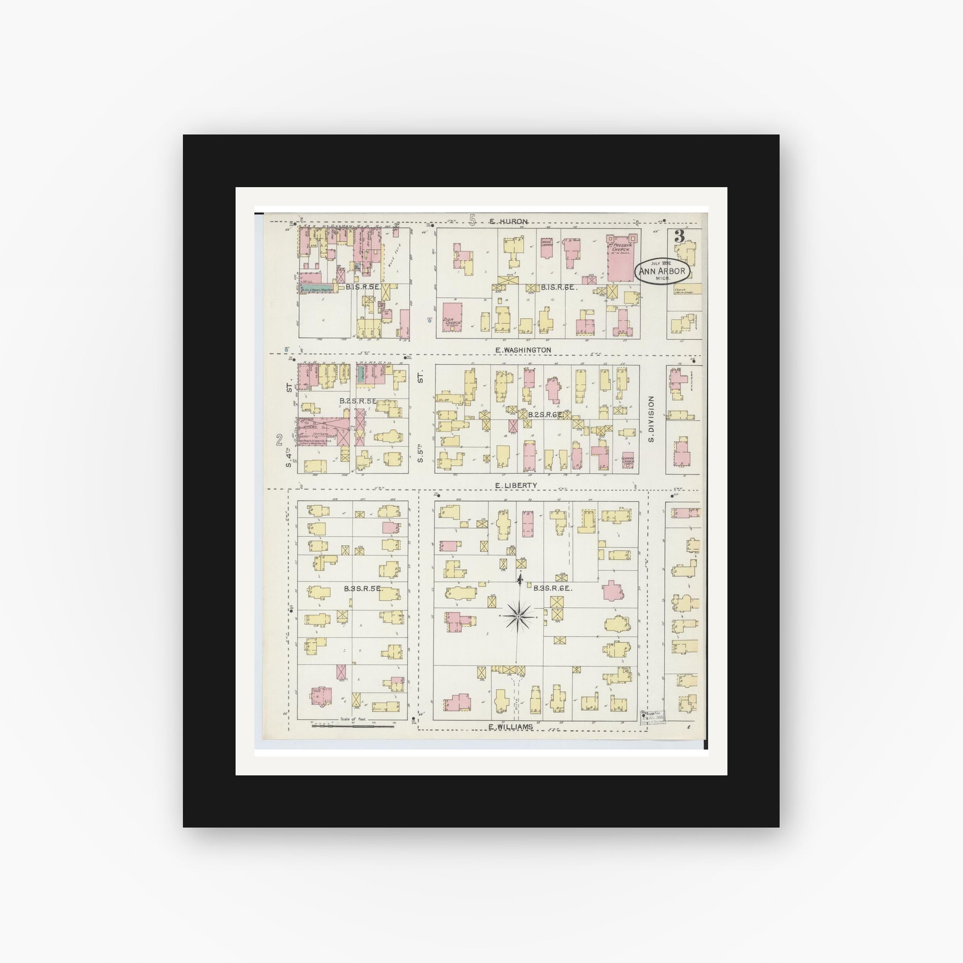 Old map wall art mockup — black gallery frame with white mat — Sanborn Fire Insurance Map from Ann Arbor, Washtenaw County, Michigan (1892), Sheet #0003