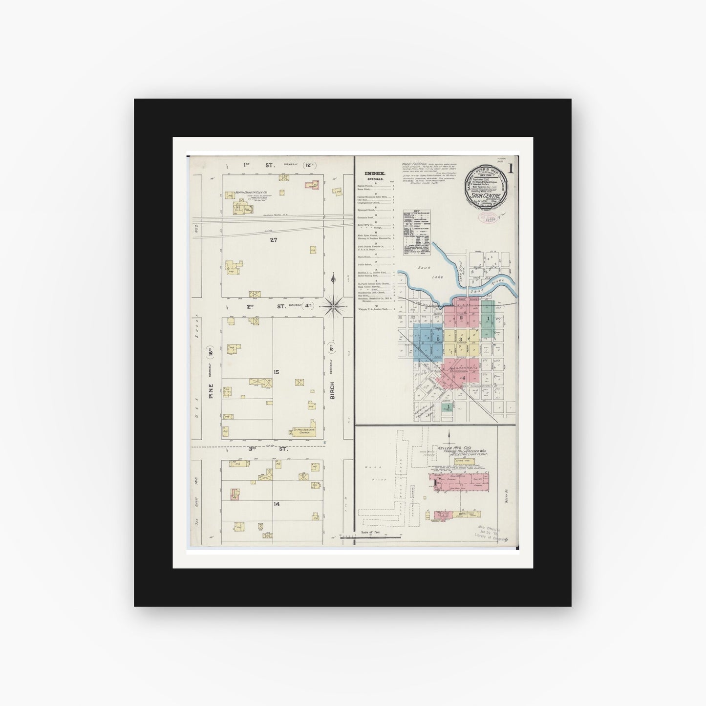 Old map wall art mockup — black gallery frame with white mat — Sanborn Fire Insurance Map from Sauk Centre, Stearns County, Minnesota (1890) - Complete Map Set