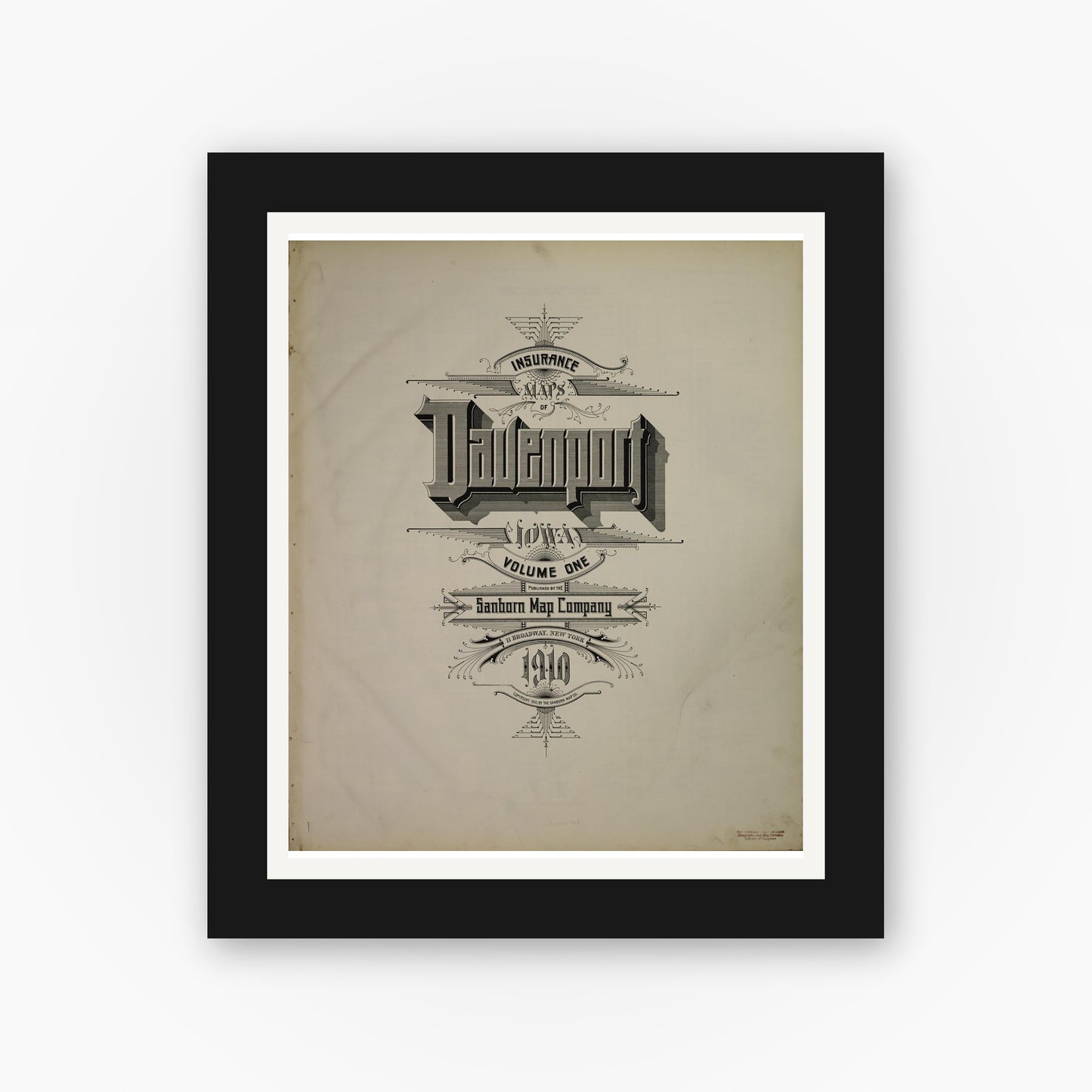 Old map wall art mockup — black gallery frame with white mat — Sanborn Fire Insurance Map from Davenport, Scott County, Iowa (1910), Sheet #0001