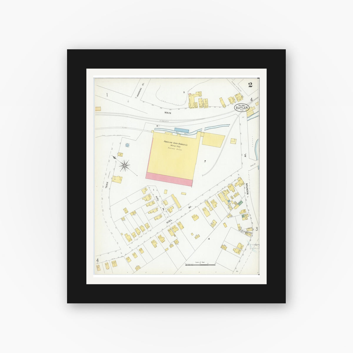 Old map wall art mockup — black gallery frame with white mat — Sanborn Fire Insurance Map from Butler, Morris County, New Jersey (1901), Sheet #0002