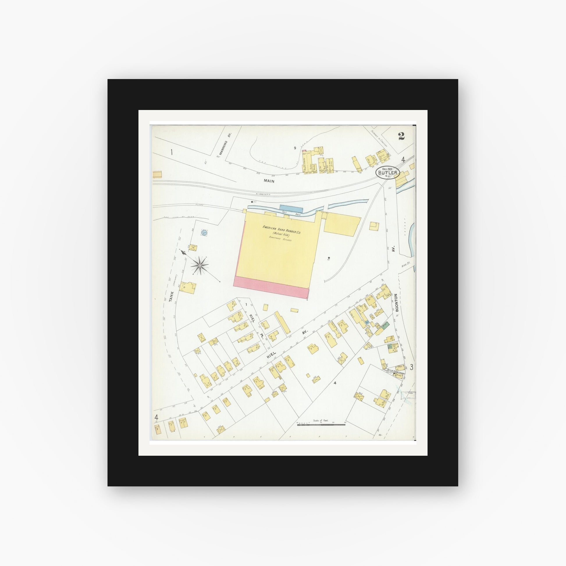 Old map wall art mockup — black gallery frame with white mat — Sanborn Fire Insurance Map from Butler, Morris County, New Jersey (1901), Sheet #0002