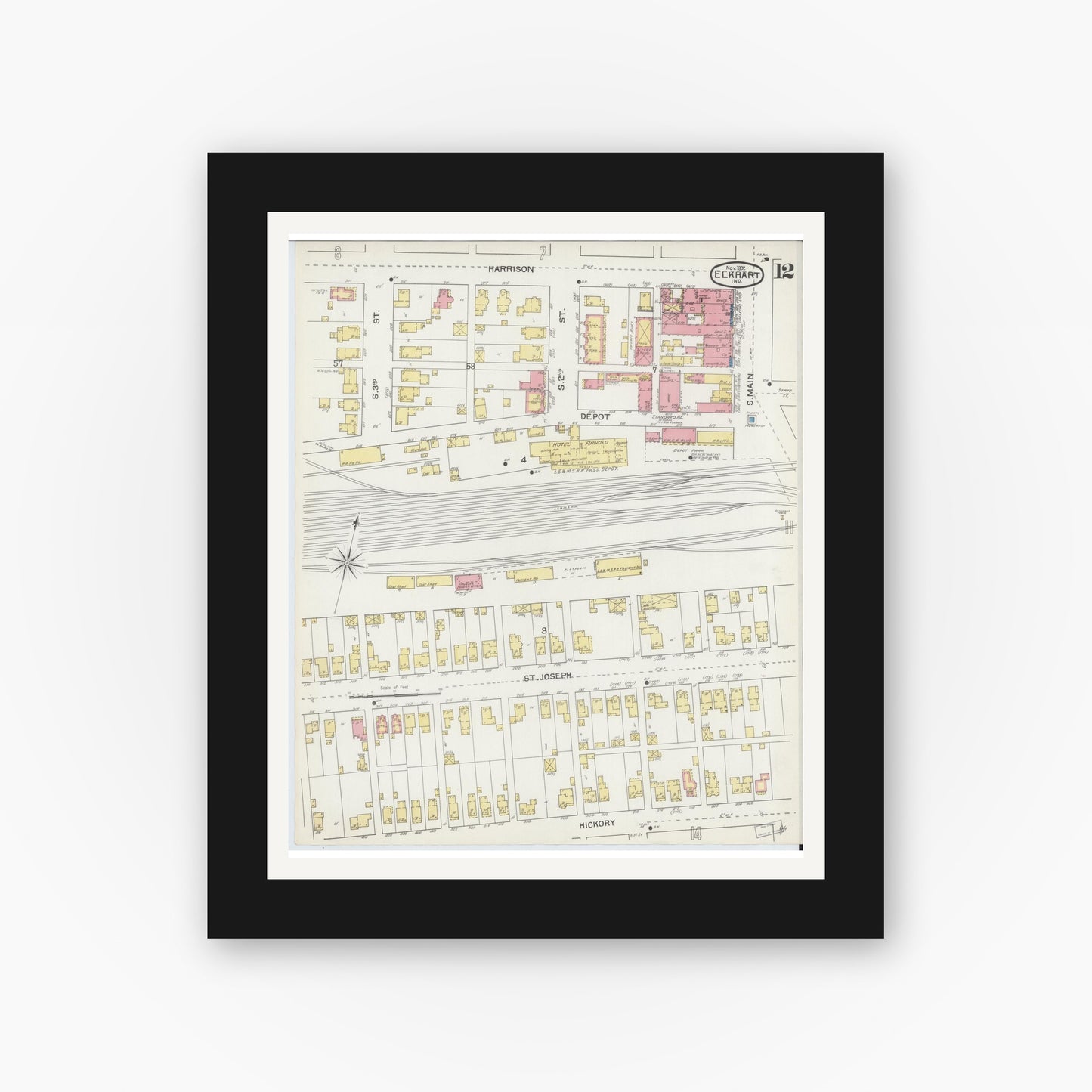 Old map wall art mockup — black gallery frame with white mat — Sanborn Fire Insurance Map from Elkhart, Elkhart County, Indiana (1892), Sheet #0012