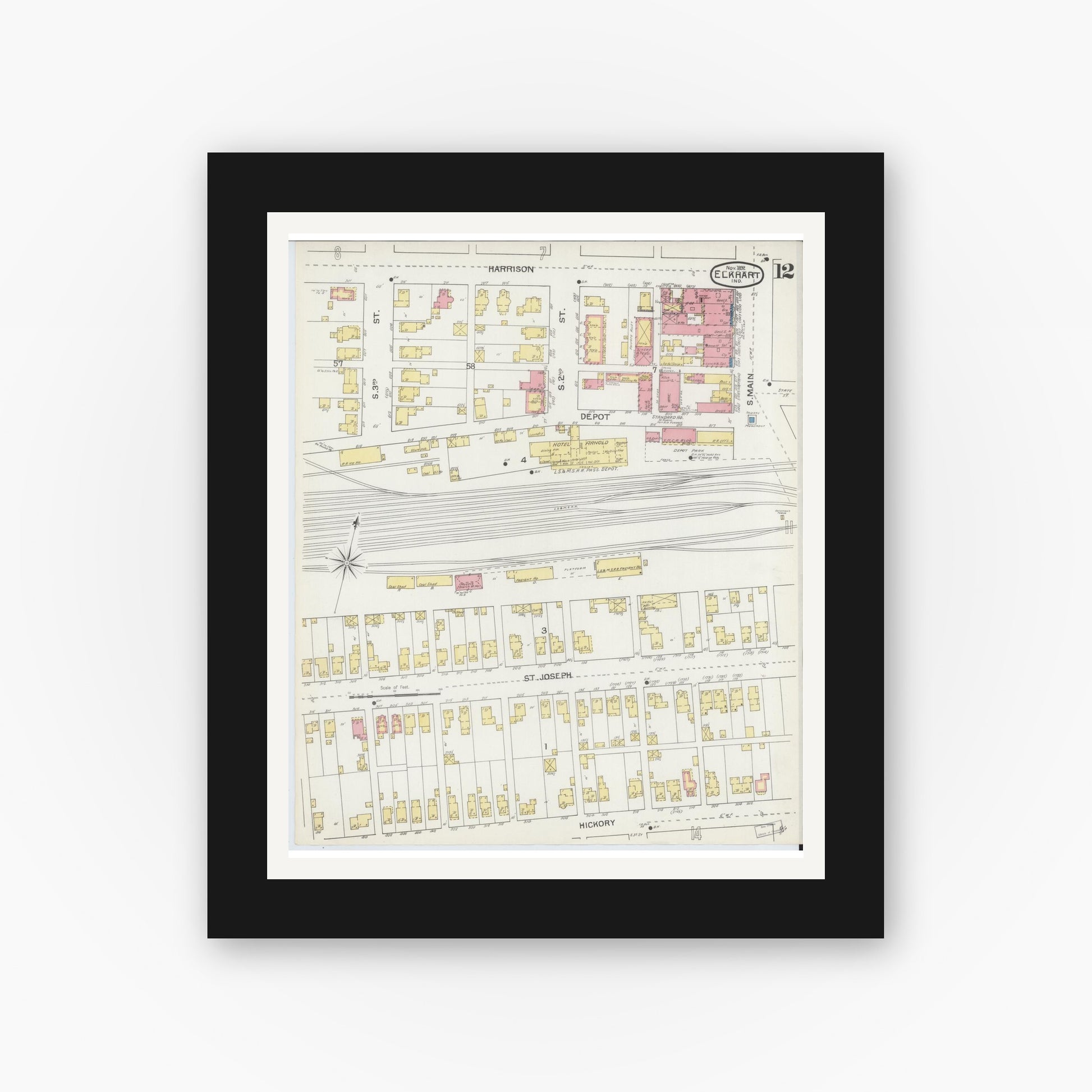 Old map wall art mockup — black gallery frame with white mat — Sanborn Fire Insurance Map from Elkhart, Elkhart County, Indiana (1892), Sheet #0012
