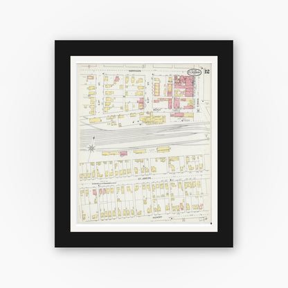 Old map wall art mockup — black gallery frame with white mat — Sanborn Fire Insurance Map from Elkhart, Elkhart County, Indiana (1892), Sheet #0012