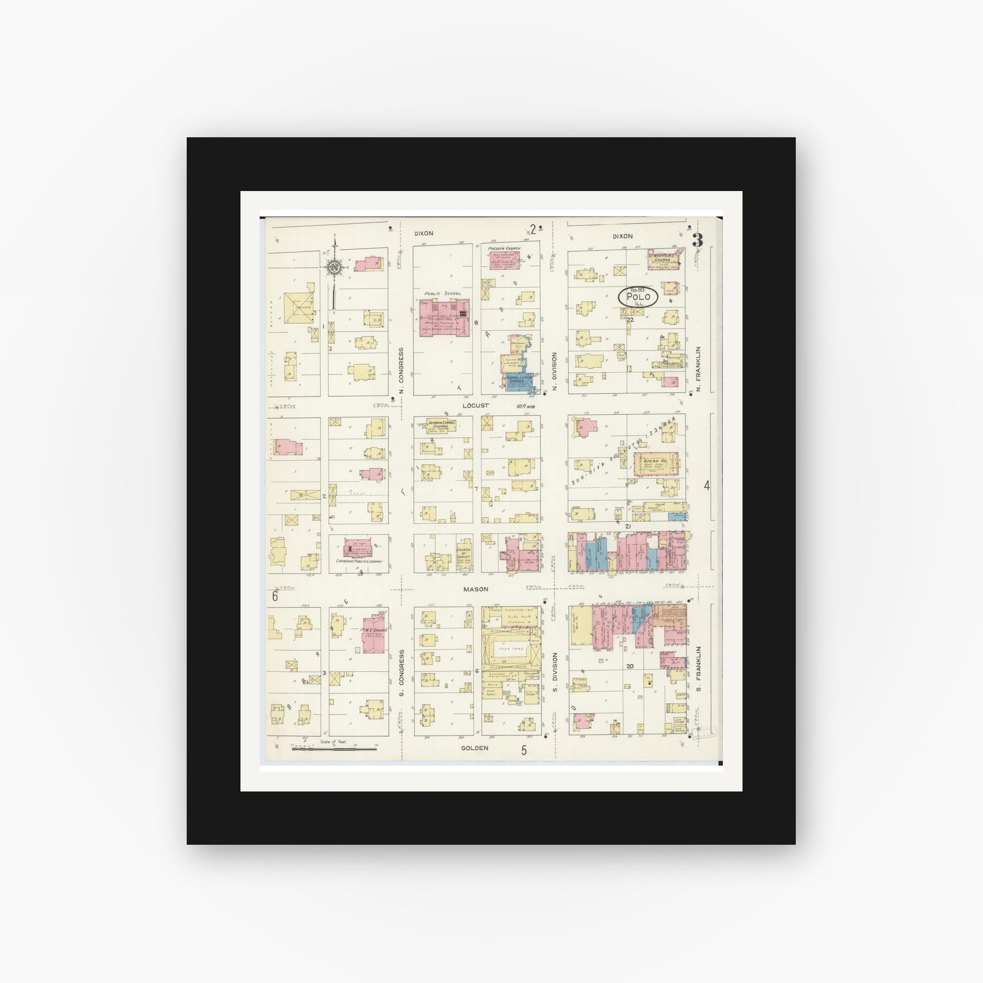 Old map wall art mockup — black gallery frame with white mat — Sanborn Fire Insurance Map from Polo, Ogle County, Illinois (1913), Sheet #0003